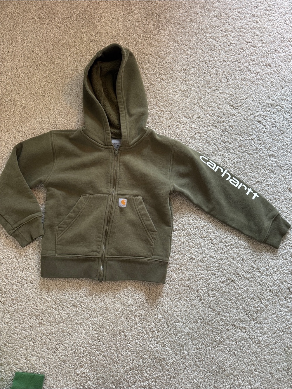 Carhartt Kids Olive Hooded Full-Zip Sweatshirt with Sleeve Logo